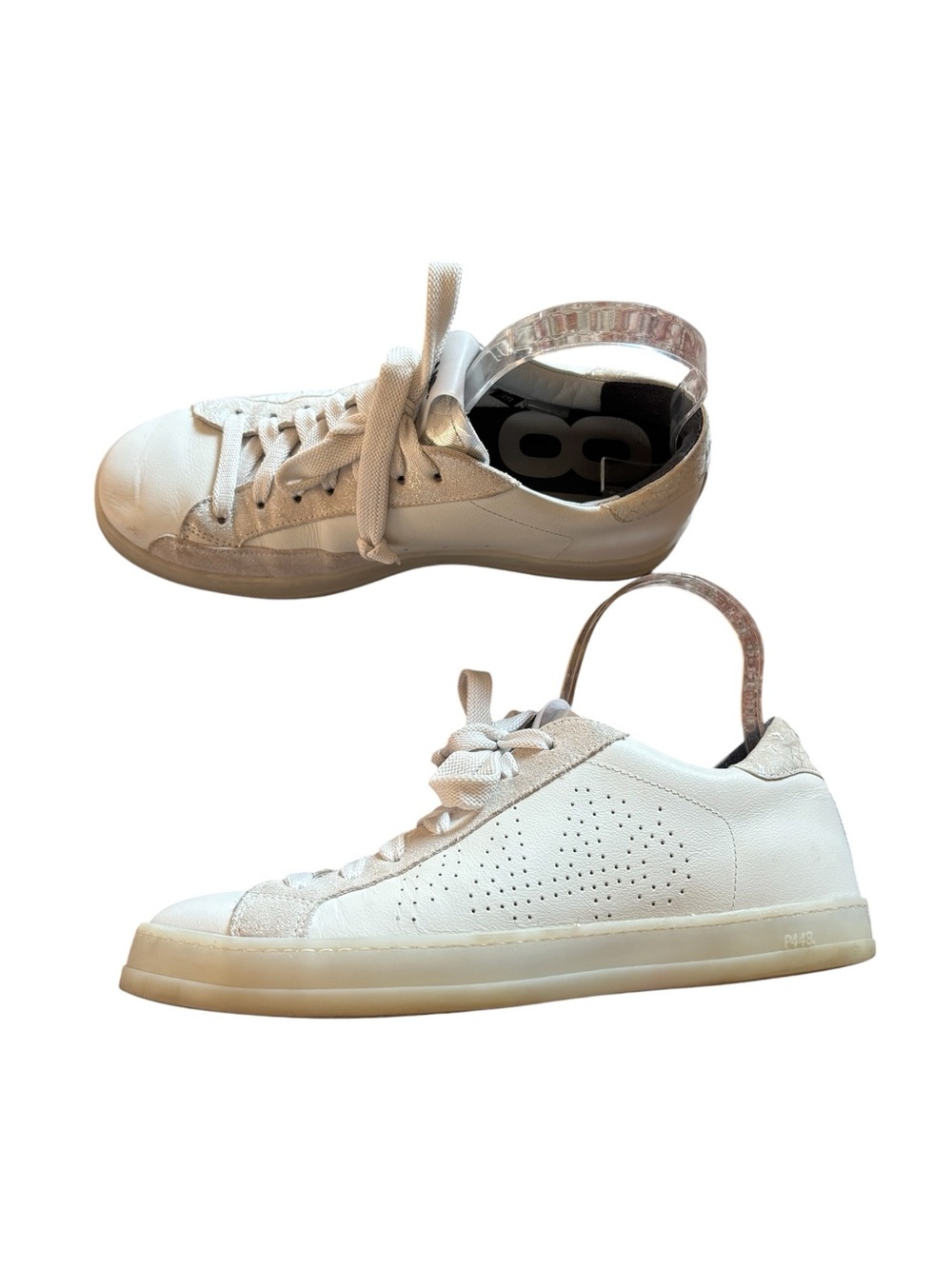 P448 Shoes Womens 8.5/9 John Sneakers White Silver Leather Low Top Lace Up 39